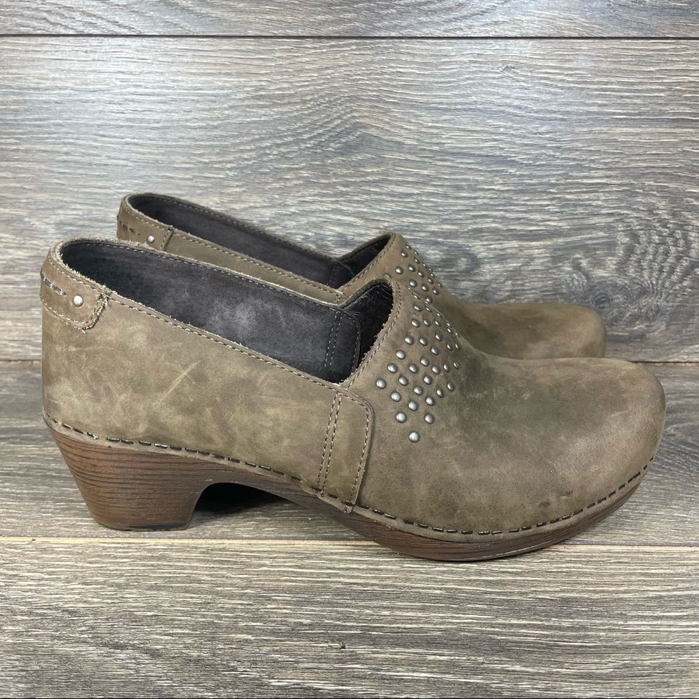 Dansko Mavis Brown Nubuck Leather Studded Clogs - Women's 8.5 to 9 (EU 39)